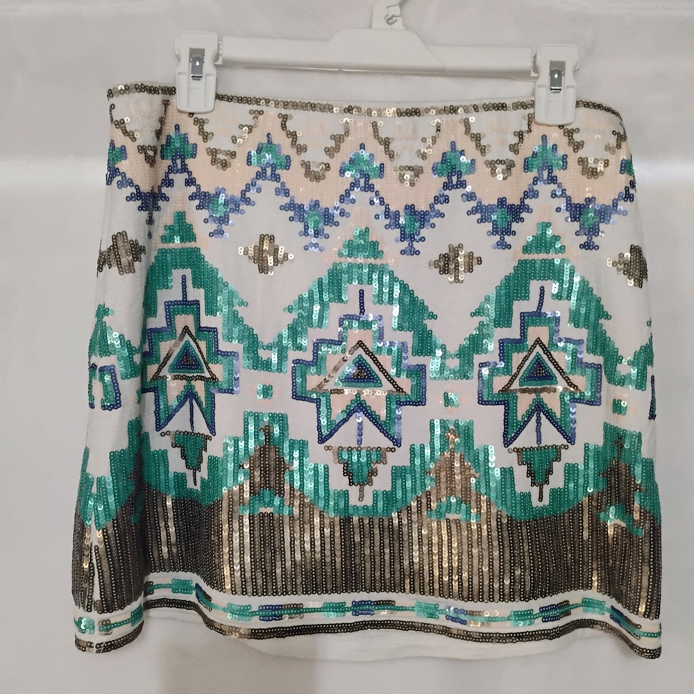 Miami Women Sequin Geometric Tribal Mini Skirt Teal Gold Blue White Size L